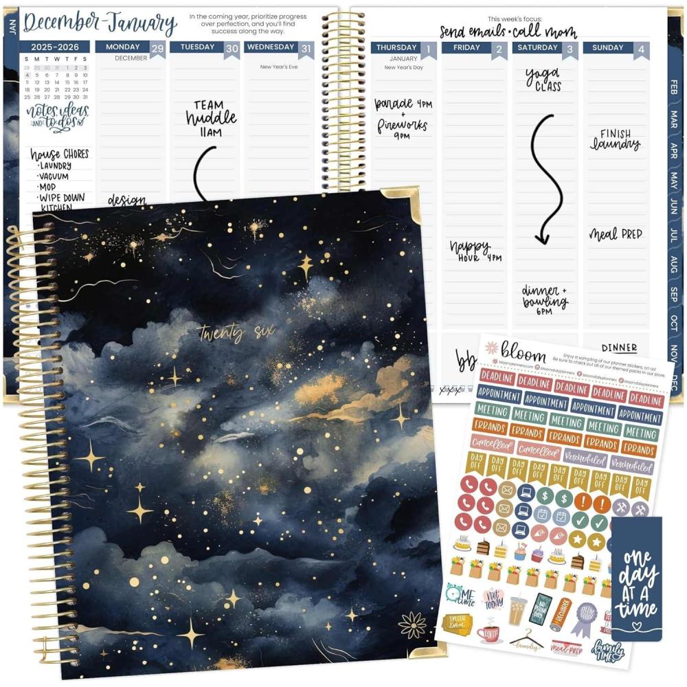 image:imagebloom daily planners 2026 Hardcover Calendar Year Goal amp Vision Planner January to December Monthly amp Weekly Agenda Organizer 75 x 9 Beige BouquetMidnight Sky