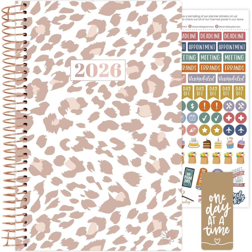 image:imagebloom daily planners 2026 Planner January December Calendar Year Organizer 55 x 825 Weekly amp Monthly Agenda Book with Stickers amp Bookmark Brilliant BrushstrokesTan Leopard
