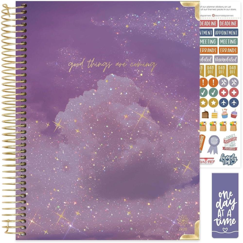image:imagebloom daily planners HARDCOVER 2026 Planner January to December 85 x 11 Weekly amp Monthly Dated Agenda Organizer Book with Stickers amp Tabs Celestial SkiesGood Things Are Coming