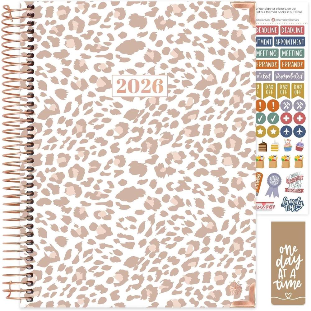 image:imagebloom daily planners HARDCOVER 2026 Planner January to December 85 x 11 Weekly amp Monthly Dated Agenda Organizer Book with Stickers amp Tabs Coastal CalmTan Leopard