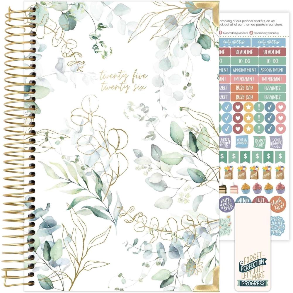 image:imagebloom daily planners HARDCOVER Planner 20252026 Academic Year July 2025 July 2026 A5 Task Goal Organizer Monthly amp Weekly Inspirational Agenda Book 55 x 825 White EucalyptusWhite