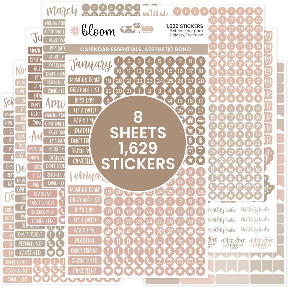 image:imagebloom daily planners Muted Neutrals Calendar Essentials Planner Stickers 8 Sheets 1629 Stickers Per Pack Color Coordinating Monthly Headings Dates Icons Etc Aesthetic BohoAesthetic Boho