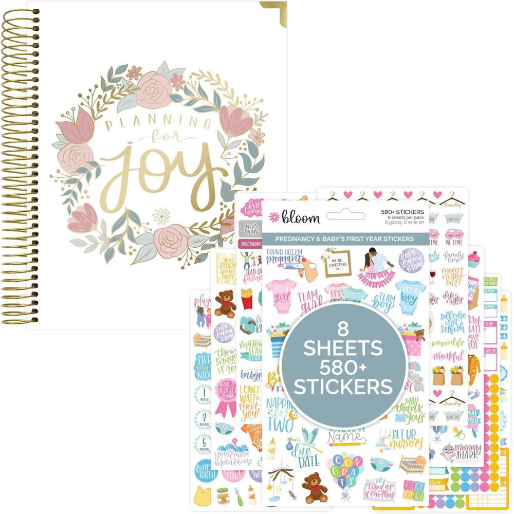 image:imagebloom daily planners Pregnancy and Babys First Year Planner amp Accessories Bundle Hardcover Undated Planner amp Keepsake Journal Green amp Pink and MaternityMotherhood Sticker Pack 8 Sheets