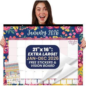 image:imagebloom daily planners 2026 Desk Calendar  January to December Large Wall Calendar  21 x 16 Desktop amp Hanging Monthly Planner with Stickers for Home or Office  Holiday IconsVintage Floral