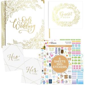 image:imagebloom daily planners Gold Floral Wedding Planner Bundle  Hardcover Wedding PlannerOrganizer Guest Book Set of 2 Vow Books His amp Hers and Wedding Planning Sticker Pack 6 Sheets