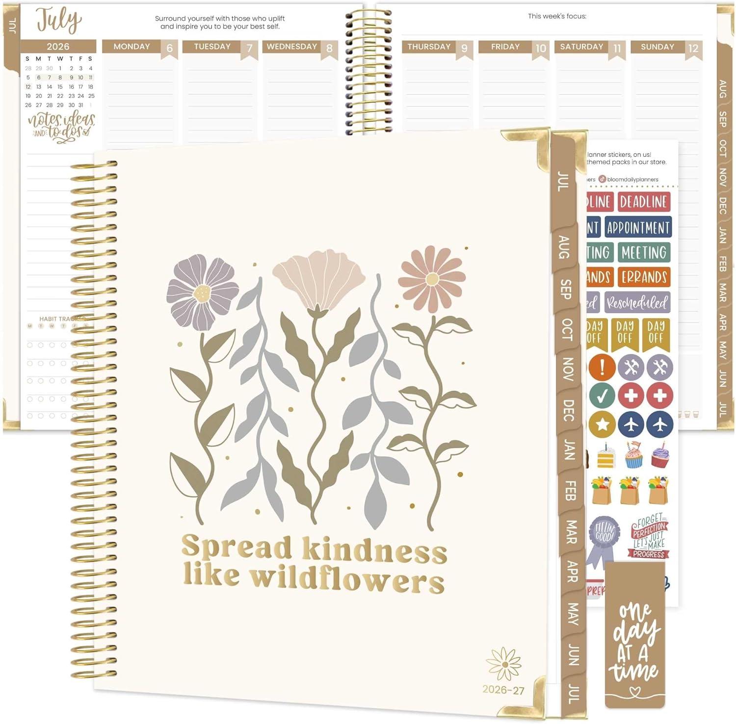 image:imagebloom daily planners 20262027 Hardcover Academic Year Goal amp Vision Planner July 2026 July 2027 13 Months Agenda Monthly amp Weekly Calendar Organizer 75 x 9 Garden Party BeigeSpread Kindness