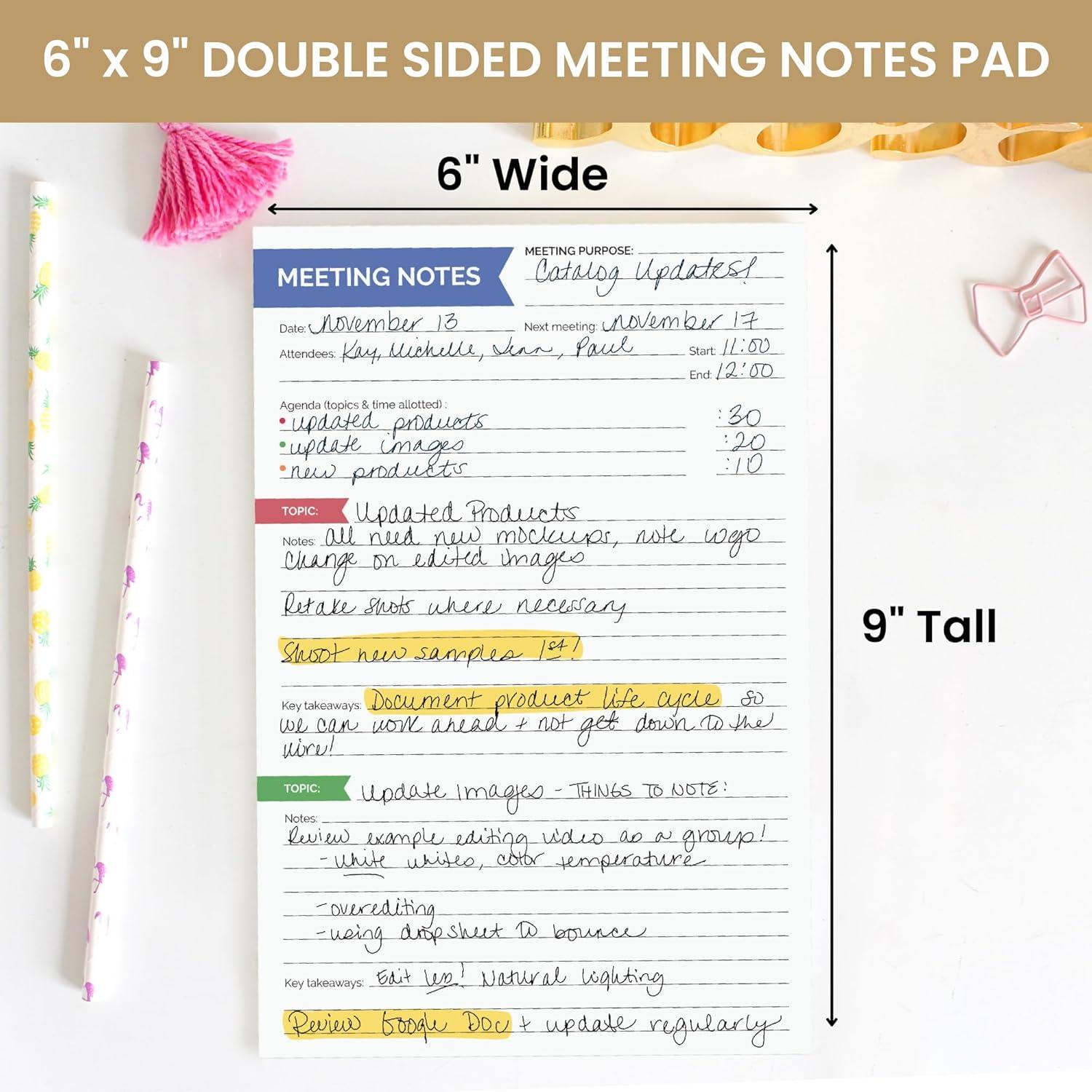 image:imagebloom daily planners 6 x 9 Double Sided Meeting Notes Planning Pad for Work Organization Topics Takeaways Action Items amp FollowUps Undated Meeting Agenda Notepad