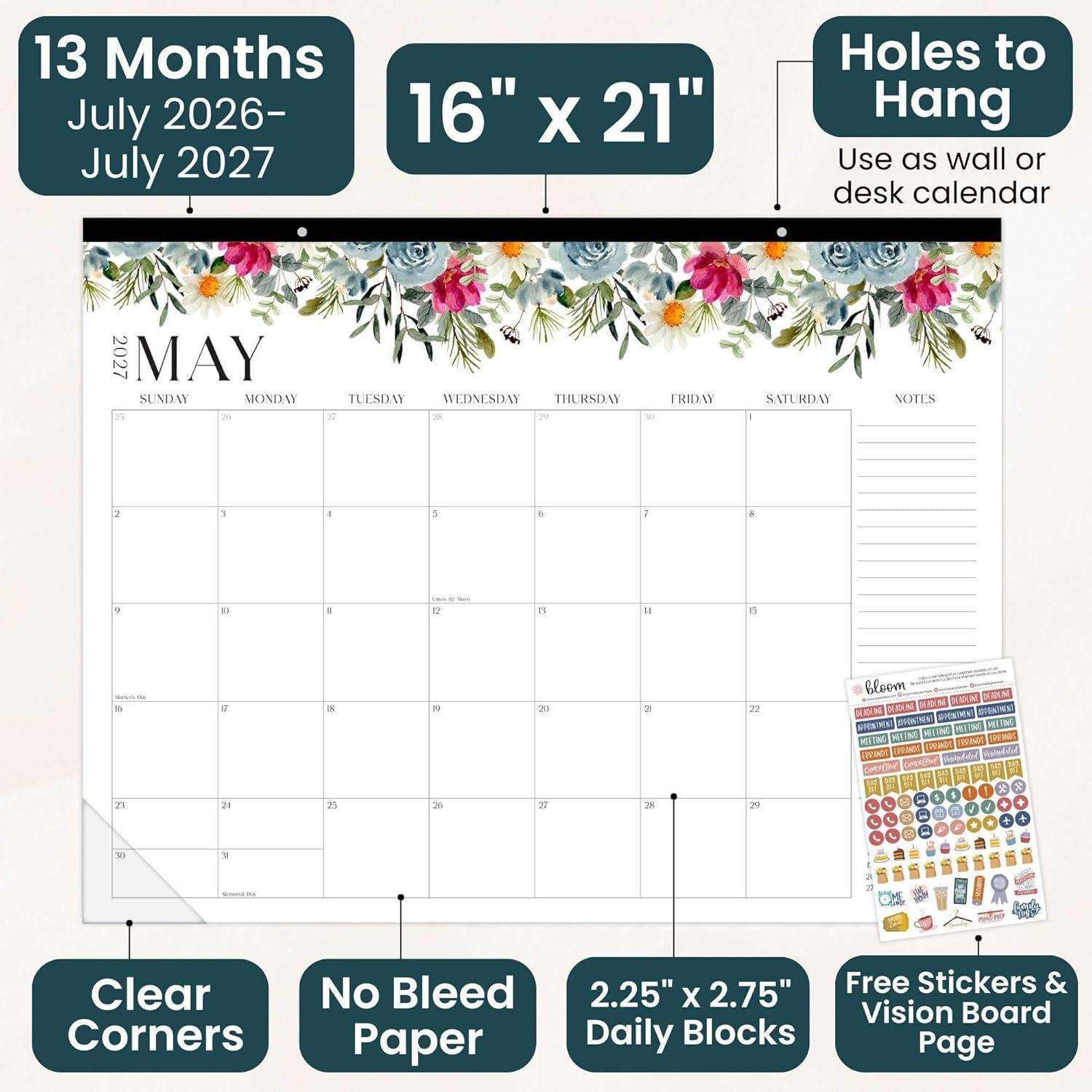 image:imagebloom daily planners Desk Calendar 20262027 Academic Year Large Wall Calendar July 2026 July 2027 21 x 16 Desktop amp Hanging Monthly Planner with Stickers for Home or Office SeasonalSeasonal Florals