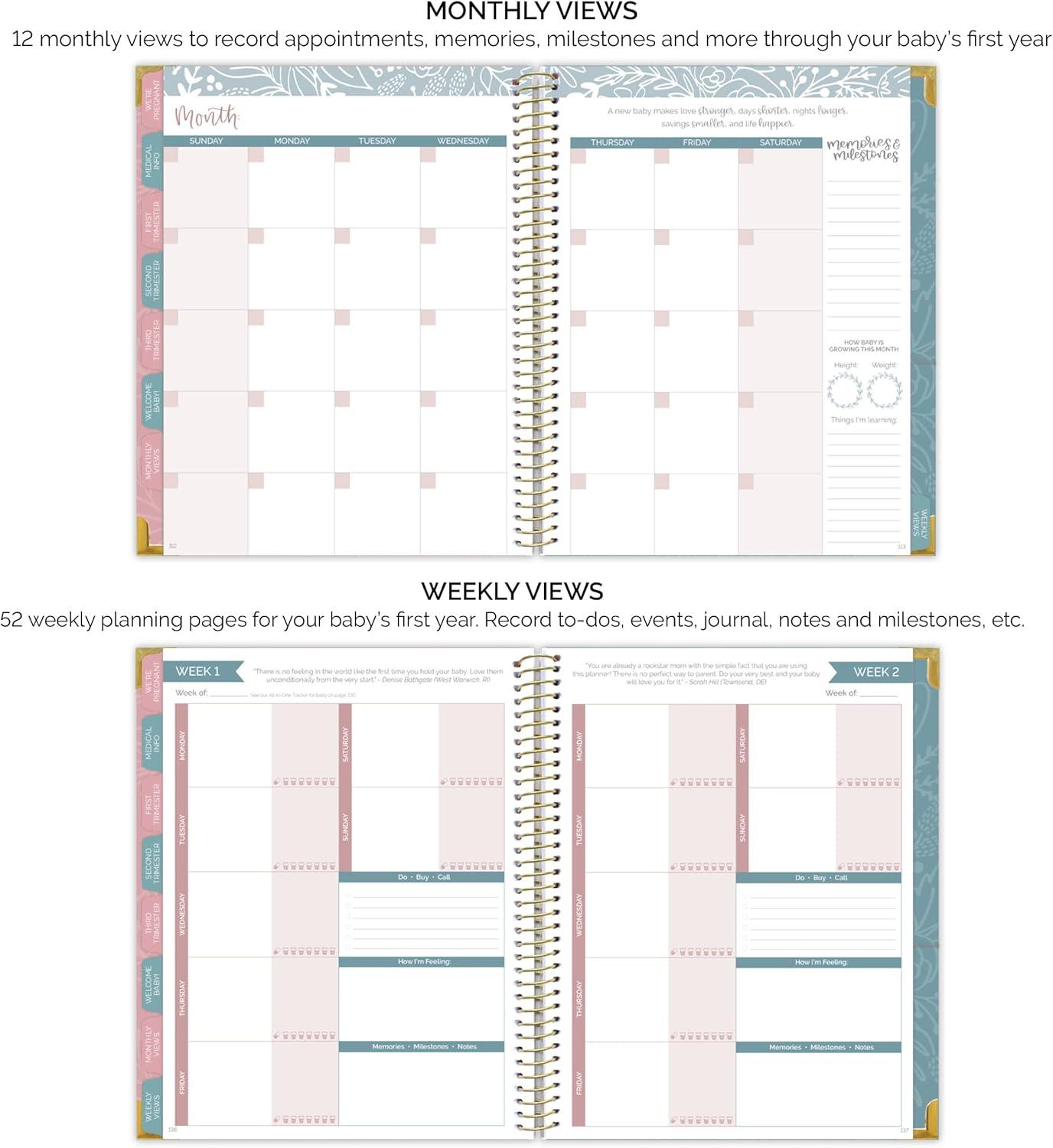image:imagebloom daily planners New Pregnancy and Babys First Year Calendar Planner amp Keepsake Journal with Stickers Hardcover Scrapbook Memory Book Organizer Undated 8 x 10 Green amp PinkAnimals