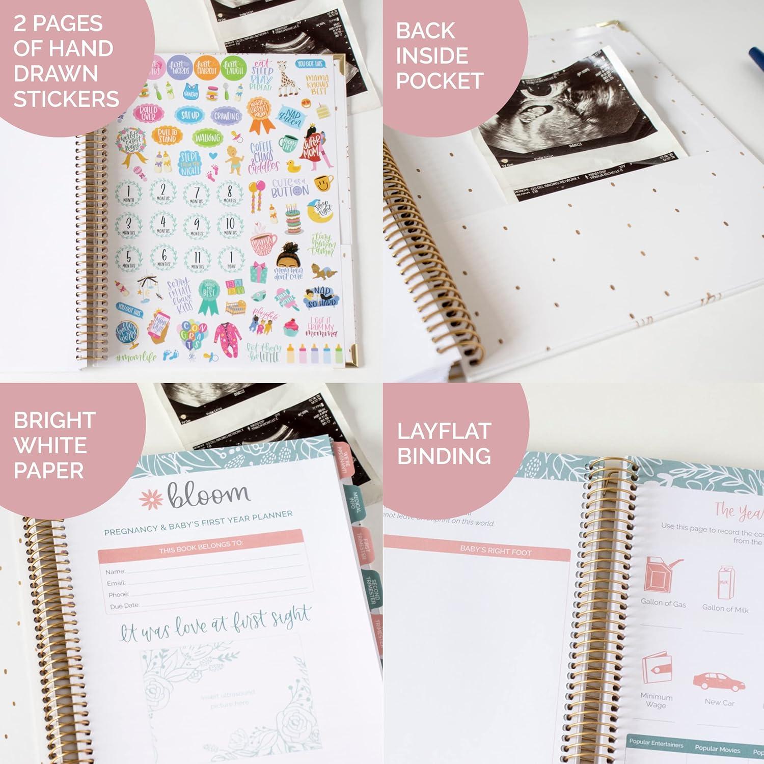 image:imagebloom daily planners New Pregnancy and Babys First Year Calendar Planner amp Keepsake Journal with Stickers Hardcover Scrapbook Memory Book Organizer Undated 8 x 10 Green amp PinkAnimals