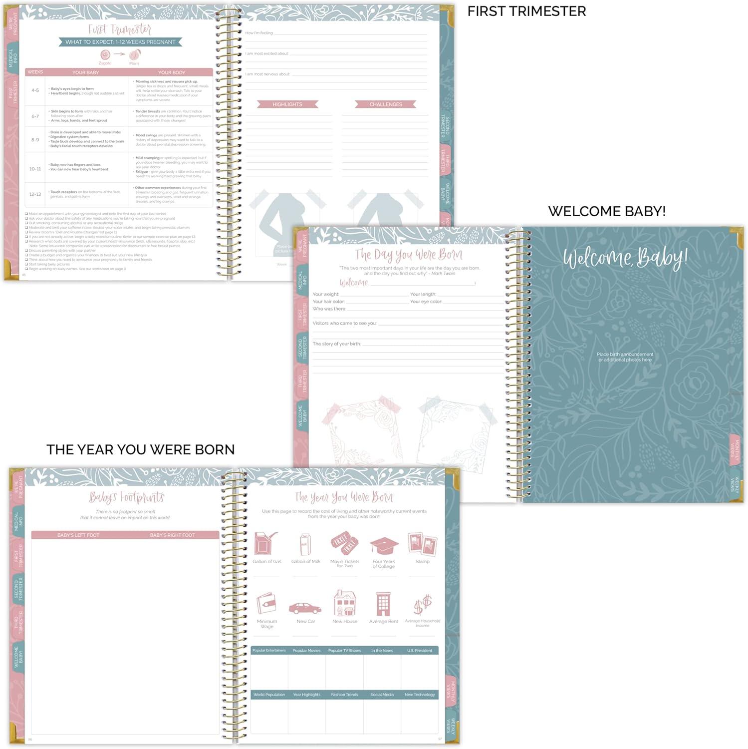 image:imagebloom daily planners New Pregnancy and Babys First Year Calendar Planner amp Keepsake Journal with Stickers Hardcover Scrapbook Memory Book Organizer Undated 8 x 10 Green amp PinkAnimals