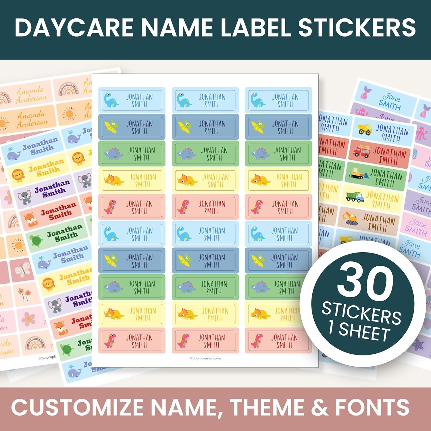 image:imagebloom daily planners Personalized Name Labels for Daycare and School 1 Sheet 30 Stickers Custom Name Stickers for Clothing Tags Water Bottles amp School Supplies Matte Finish BohoDinosaurs