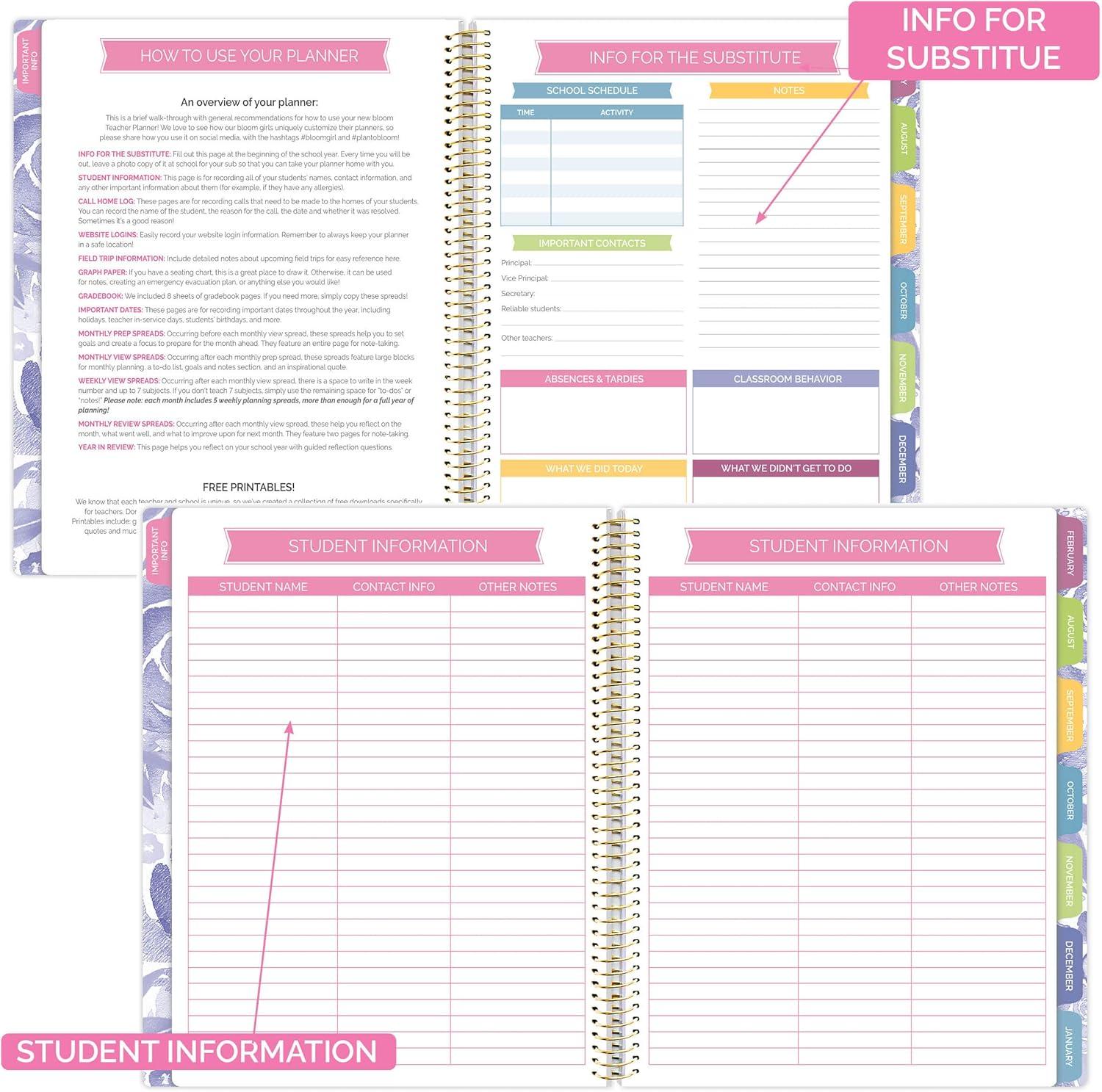 image:imagebloom daily planners Undated Academic Year Teacher Planner amp Calendar 7 Period Lesson Plan Organizer Book with Frosted Protective Cover 9 x 11 ChalkboardWatercolor Floral
