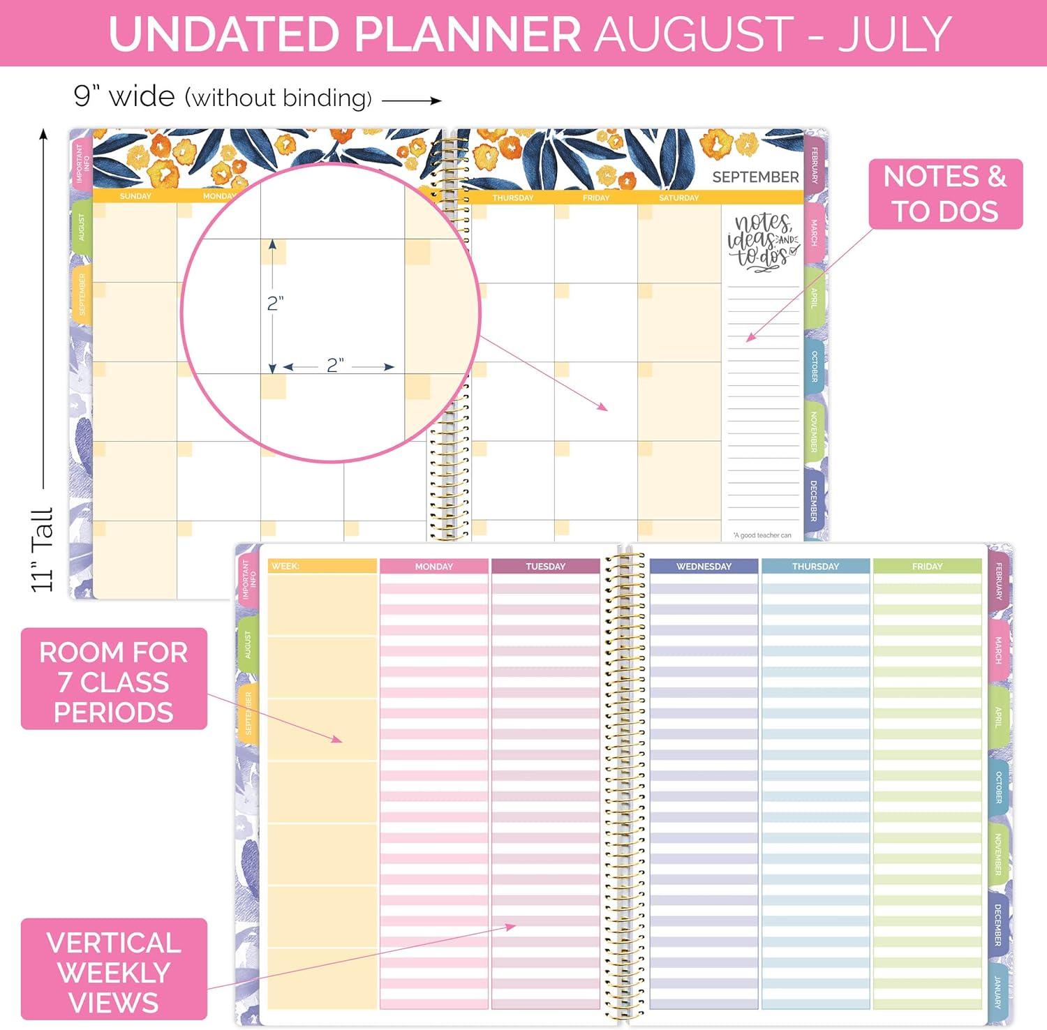image:imagebloom daily planners Undated Academic Year Teacher Planner amp Calendar 7 Period Lesson Plan Organizer Book with Frosted Protective Cover 9 x 11 ChalkboardWatercolor Floral