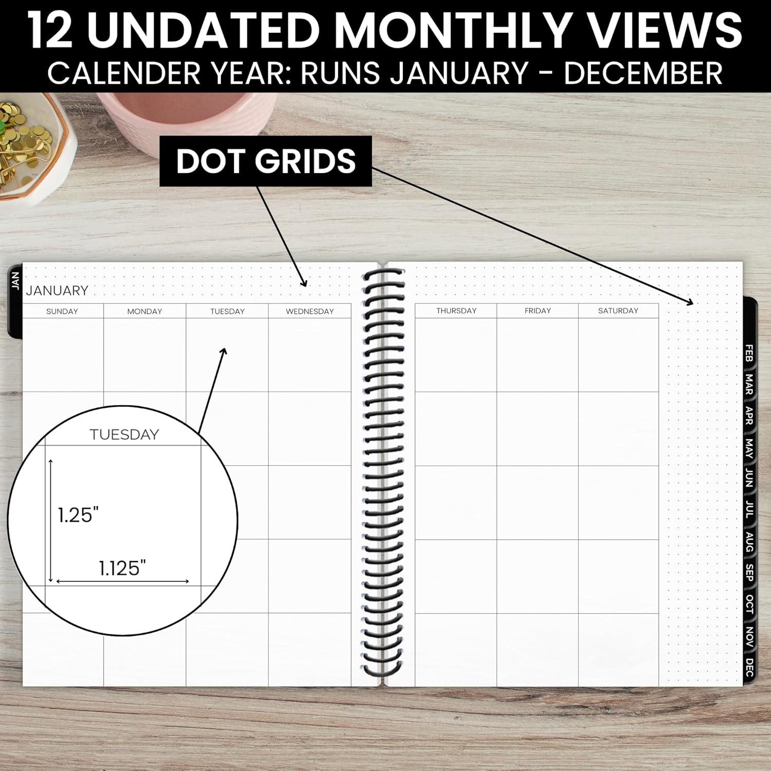 image:imagebloom daily planners Undated Dot Journaling Calendar Planner Essential WeeklyMonthly Grid Style Agenda Book 7 x 9 V2