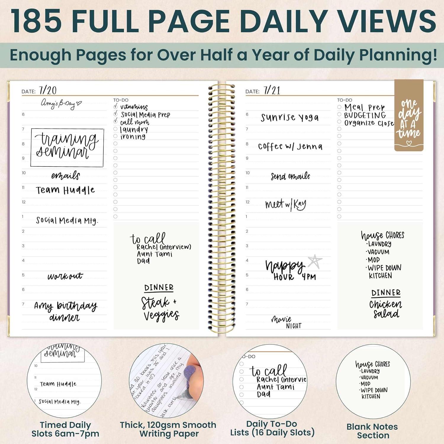 image:imagebloom daily planners Undated ToDo List Planner with Hourly Timed Schedule for Appointments 185 Daily Pages Half Year Hard Cover Page A Day Agenda 7 x 9 Purple Linen