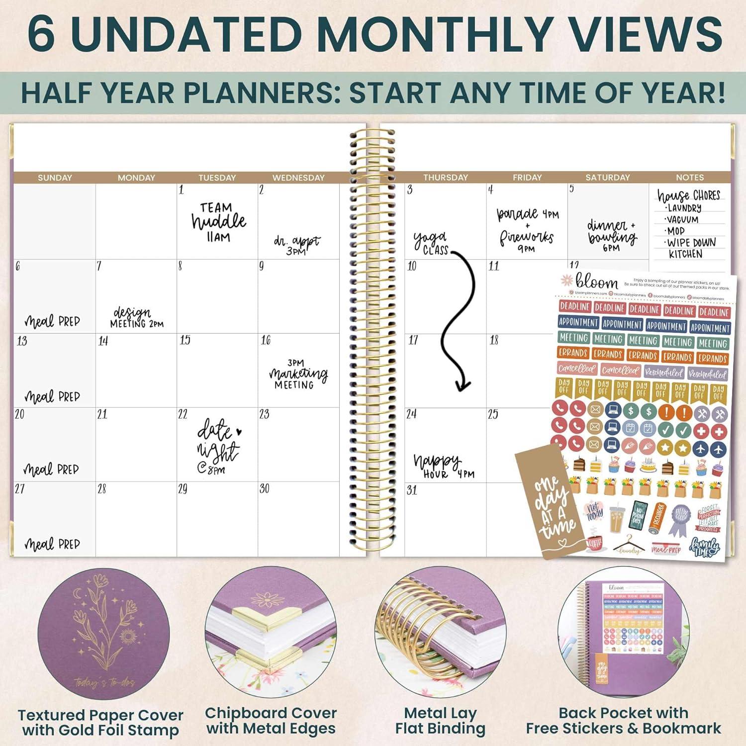 image:imagebloom daily planners Undated ToDo List Planner with Hourly Timed Schedule for Appointments 185 Daily Pages Half Year Hard Cover Page A Day Agenda 7 x 9 Purple Linen
