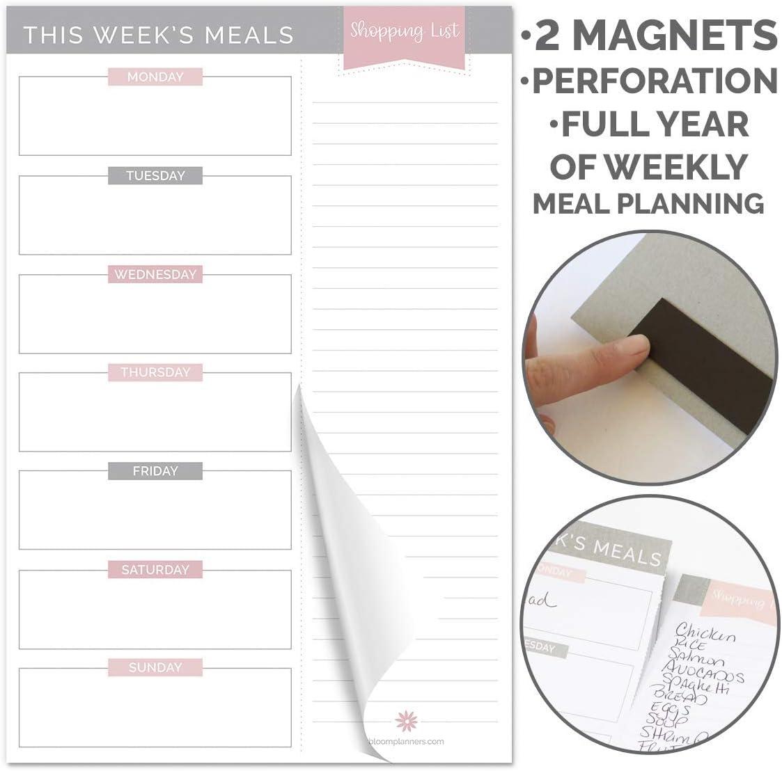 image:imagebloom daily planners Weekly Magnetic Meal Planning Pad for Fridge with TearOff Grocery Shopping List Hanging FoodMenu Organizer Notepad with Magnets 6 x 9 LemonsGrey Pink