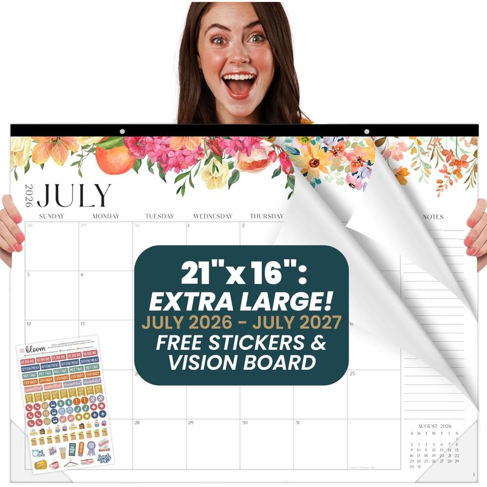 image:imagebloom daily planners Desk Calendar 20262027 Academic Year Large Wall Calendar July 2026 July 2027 21 x 16 Desktop amp Hanging Monthly Planner with Stickers for Home or Office SeasonalSeasonal Florals