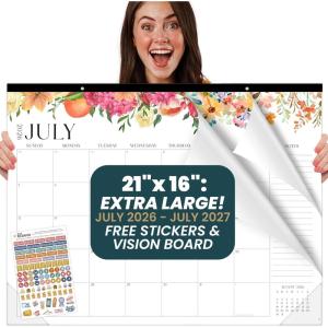 image:imagebloom daily planners Desk Calendar 20262027  Academic Year Large Wall Calendar July 2026  July 2027  21 x 16 Desktop amp Hanging Monthly Planner with Stickers for Home or Office  SeasonalSeasonal Florals